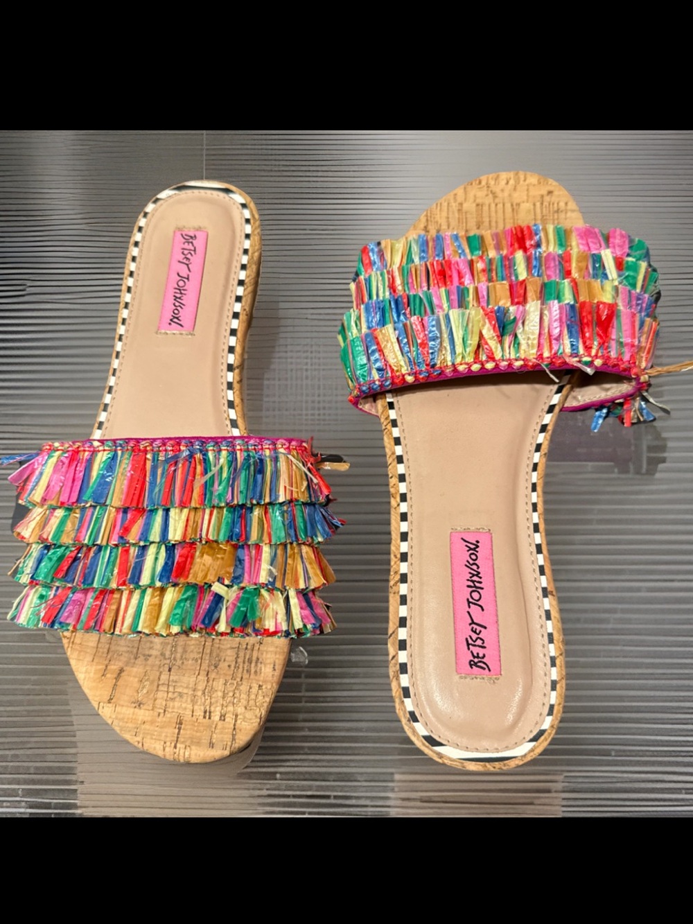 Betsey Johnson Venus Multicolor Fringe Cork Flat Slide Sandals - Woman’s size 7